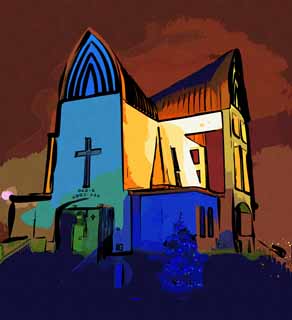 illustration,material,free,landscape,picture,painting,color pencil,crayon,drawing,The night of a St. John church, church, blue sky, cross, Christianity