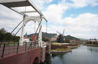 photo, la matire, libre, amnage, dcrivez, photo de la rserve,Un pont et un moulin  vent, nuage, canal, La Hollande, moulin  vent