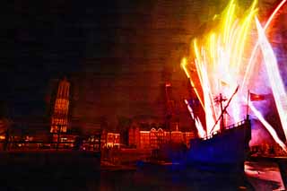 Illust, materieel, vrij, landschap, schilderstuk, schilderstuk, kleuren potlood, crayon, werkje,Het is vuurwerk op een zeilende boot, Schip, Vuurwerk, Toon, De zee