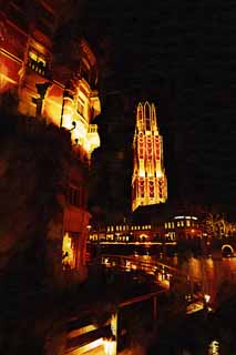 Illust, materieel, vrij, landschap, schilderstuk, schilderstuk, kleuren potlood, crayon, werkje,Avond Huis Ten Bosch, Kanaal, Illumineringen, Illuminering, Maak