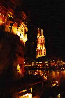 illustration,material,free,landscape,picture,painting,color pencil,crayon,drawing,Night Huis Ten Bosch, canal, Illuminations, Illumination, light