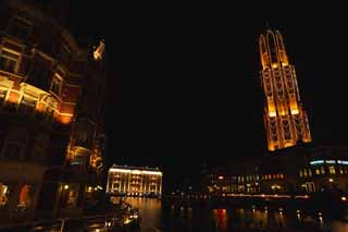 photo,material,free,landscape,picture,stock photo,Creative Commons,Night Huis Ten Bosch, canal, Illuminations, Illumination, light