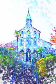 illust, matire, libre, paysage, image, le tableau, crayon de la couleur, colorie, en tirant,glise catholique Oura, glise, Le Paris socit de la propagation trangre, , Architecture du style Gothique