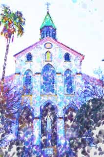 illust, matire, libre, paysage, image, le tableau, crayon de la couleur, colorie, en tirant,glise catholique Oura, glise, Le Paris socit de la propagation trangre, , Architecture du style Gothique