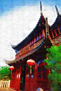 Illust, materieel, vrij, landschap, schilderstuk, schilderstuk, kleuren potlood, crayon, werkje,Yu Yuan/hart van een plas bower, Yuyuan, , , Chinees gebouw