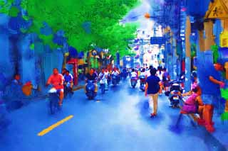 illust, materiale, libero panorama, ritratto dipinto, matita di colore disegna a pastello, disegnando,Secondo Sciangai, motocicletta, bicicletta, Asfalto, passante
