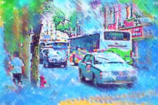 illust, materiell, befreit, Landschaft, Bild, Gemlde, Farbbleistift, Wachsmalstift, Zeichnung,,Schanghai zufolge, Bus, Taxi, Asphalt, Passant