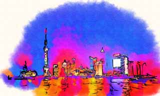 illust, matire, libre, paysage, image, le tableau, crayon de la couleur, colorie, en tirant,Une vue de la nuit de Huangpu Jiang, Tour de la balle lgre est, Je l'claire, Illumination, bateau