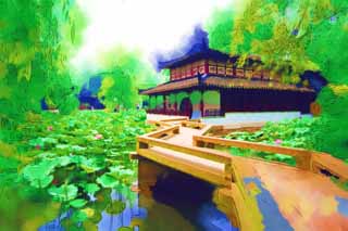 illustration,material,free,landscape,picture,painting,color pencil,crayon,drawing,Miyama tower of Zhuozhengyuan, Architecture, bridge, Hasuike, garden