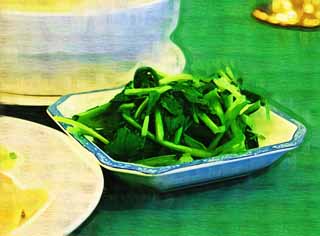illustration,material,free,landscape,picture,painting,color pencil,crayon,drawing,It is greens roasting, Chinese food, , vegetable dish, small bowl