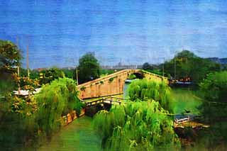 illust, matire, libre, paysage, image, le tableau, crayon de la couleur, colorie, en tirant,Le pont de porte Kure, pont de pierre, Un pont vot, canal, saule