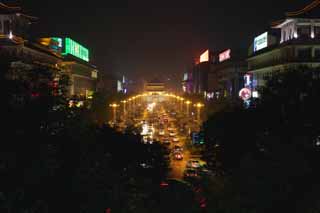 fotografia, materiale, libero il panorama, dipinga, fotografia di scorta,La strada principale ad una torre di campana, Chang'an, macchina, Illuminazione, vista serale