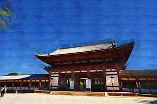 illustration,material,free,landscape,picture,painting,color pencil,crayon,drawing,Todai-ji Temple gate built between the main gate and the main house of the palace-styled architecture in the Fujiwara period, The gate, wooden building, Buddhism, temple