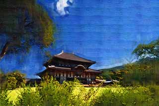 illustration,material,free,landscape,picture,painting,color pencil,crayon,drawing,The Todai-ji Temple Hall of the Great Buddha, great statue of Buddha, wooden building, Buddhism, temple