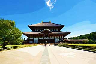 illust, materiale, libero panorama, ritratto dipinto, matita di colore disegna a pastello, disegnando,Il tempio di Todai-ji Hall del grande Budda, grande statua di Budda, edificio di legno, Buddismo, tempio