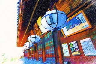 illustration,material,free,landscape,picture,painting,color pencil,crayon,drawing,Nigatsu-do Hall, lantern, wooden building, Eaves, The water-drawing ceremony