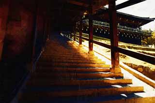 illustration,material,free,landscape,picture,painting,color pencil,crayon,drawing,The stone stairway of Nigatsu-do Hall, stone stairway, pillar, roof, Stairs