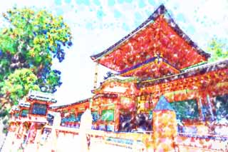 illust, materiell, befreit, Landschaft, Bild, Gemlde, Farbbleistift, Wachsmalstift, Zeichnung,,Kasuga Taisha-Schrein, Schintoismus, Schintoistischer Schrein, Ich werde in roten gemalt, Dach