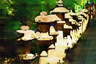 illustration,material,free,landscape,picture,painting,color pencil,crayon,drawing,The row of stone lantern baskets, Illumination, stone lantern basket, The shade, Moss