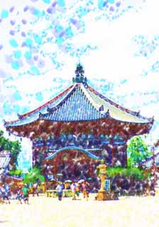 illustration,material,free,landscape,picture,painting,color pencil,crayon,drawing,Kofuku-ji Temple south hexagonal building, Buddhism, wooden building, The ninth pilgrimage around the thirty-three holy places in the Kinki district bill place, world heritage