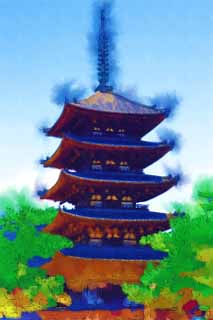 Illust, materieel, vrij, landschap, schilderstuk, schilderstuk, kleuren potlood, crayon, werkje,Kofuku-ji Temple Five Storeyed Pagoda, Boeddhisme, Van hout gebouw, Vijf Storeyed Pagoda, Wereld heritage