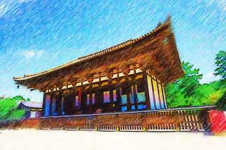 Illust, materieel, vrij, landschap, schilderstuk, schilderstuk, kleuren potlood, crayon, werkje,Kofuku-ji Temple Togane tempel, Boeddhisme, Van hout gebouw, Dak, Wereld heritage