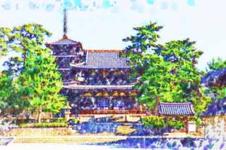 illust, materiell, befreit, Landschaft, Bild, Gemlde, Farbbleistift, Wachsmalstift, Zeichnung,,Horyu-ji-Tempel, Buddhismus, gate baute zwischen dem Haupttor und dem Haupthaus der Palast-entworfenen Architektur in der Fujiwara-Periode, Fnf Storeyed-Pagode, Die Einrichtungen