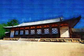 illust, material, livram, paisagem, quadro, pintura, lpis de cor, creiom, puxando,Templo de Horyu-ji corredor principal, Budismo, corredor principal, edifcio de madeira, noren
