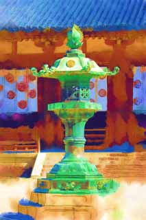 illustration,material,free,landscape,picture,painting,color pencil,crayon,drawing,Horyu-ji Temple garden lantern, Buddhism, garden lantern, Hollyhock mon, Bronze