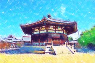 illust, material, livram, paisagem, quadro, pintura, lpis de cor, creiom, puxando,Horyu-ji Templo sonho, Budismo, Sonho, 8 forma quadrada, Um templo interno