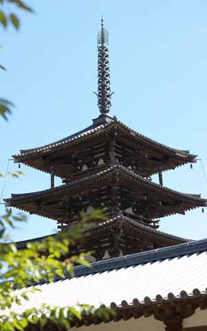 Foto, materiell, befreit, Landschaft, Bild, hat Foto auf Lager,Horyu-ji-Tempel fnf Storeyed-Pagode, Buddhismus, Fnf Storeyed-Pagode, hlzernes Gebude, blauer Himmel