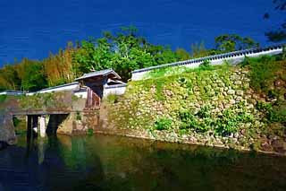 illustration,material,free,landscape,picture,painting,color pencil,crayon,drawing,Fukue Castle trace, Ishigaki, moat, bridge, castle