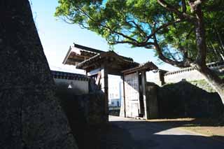 Foto, materiell, befreit, Landschaft, Bild, hat Foto auf Lager,Fukue Castle-Burg Tor, Ishigaki, Burgtor, Tr, Mauer