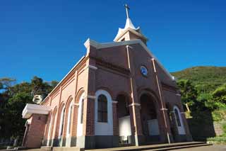 photo,material,free,landscape,picture,stock photo,Creative Commons,Imochiura Church Lourdes, It is built of brick, Christianity, cross, blue sky