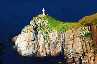 illustration,material,free,landscape,picture,painting,color pencil,crayon,drawing,Great Sezaki Lighthouse, cliff, The sea, blue sky, Great Sezaki Lighthouse