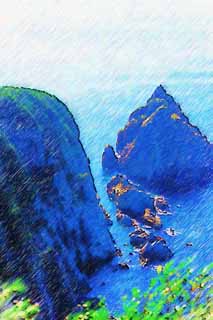 illustration,material,free,landscape,picture,painting,color pencil,crayon,drawing,A cliff to the East China Sea, cliff, The sea, blue sky, The East China Sea