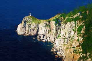 illustration,material,free,landscape,picture,painting,color pencil,crayon,drawing,Great Sezaki Lighthouse, cliff, The sea, blue sky, Great Sezaki Lighthouse