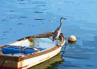 illustration,material,free,landscape,picture,painting,color pencil,crayon,drawing,A heron, Oh, it is a heron, heron, , boat