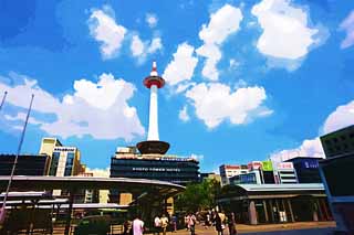 Illust, materieel, vrij, landschap, schilderstuk, schilderstuk, kleuren potlood, crayon, werkje,De Kyoto halte plein, Blauwe lucht, Autobus terminal, Kyoto Rijzen, Wolk