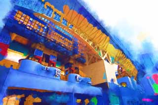 Illust, materieel, vrij, landschap, schilderstuk, schilderstuk, kleuren potlood, crayon, werkje,De Kyoto halte plein, Blauwe lucht, Spoorweg, Station, Staalskelet