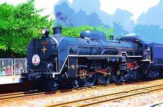 Illust, materieel, vrij, landschap, schilderstuk, schilderstuk, kleuren potlood, crayon, werkje,Een wasem locomotief, Bewasem locomotief, Trein, Aandrijfwiel, Steenkool