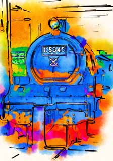 illust, matire, libre, paysage, image, le tableau, crayon de la couleur, colorie, en tirant,Une vapeur locomotif, vapeur locomotif, train, roue motrice, Charbon