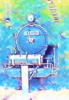 illustration,material,free,landscape,picture,painting,color pencil,crayon,drawing,A steam locomotive, steam locomotive, train, driving wheel, Coal