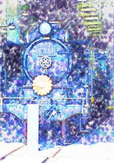 illust, materiale, libero panorama, ritratto dipinto, matita di colore disegna a pastello, disegnando,Una locomotiva di vapore, vaporizzi locomotiva, treno, ruota che guida, Carbone