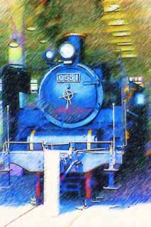 Illust, materieel, vrij, landschap, schilderstuk, schilderstuk, kleuren potlood, crayon, werkje,Een wasem locomotief, Bewasem locomotief, Trein, Aandrijfwiel, Steenkool