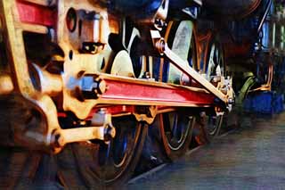 illustration,material,free,landscape,picture,painting,color pencil,crayon,drawing,The red of the main ream stick, steam locomotive, train, driving wheel, Iron