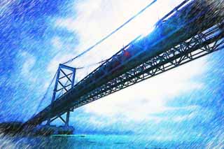 illustration,material,free,landscape,picture,painting,color pencil,crayon,drawing,A large naruto bridge, bascule bridge, suspension bridge, An ocean current, Traffic