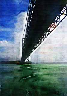 illust, material, livram, paisagem, quadro, pintura, lpis de cor, creiom, puxando,Naruto encanam, bascule atravessam, ponte de suspenso, Uma corrente de oceano, Trfico