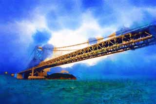 illustration,material,free,landscape,picture,painting,color pencil,crayon,drawing,Naruto Channel, bascule bridge, suspension bridge, An ocean current, Traffic