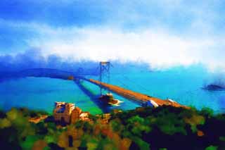 illustration,material,free,landscape,picture,painting,color pencil,crayon,drawing,Naruto Channel, bascule bridge, suspension bridge, An ocean current, Traffic